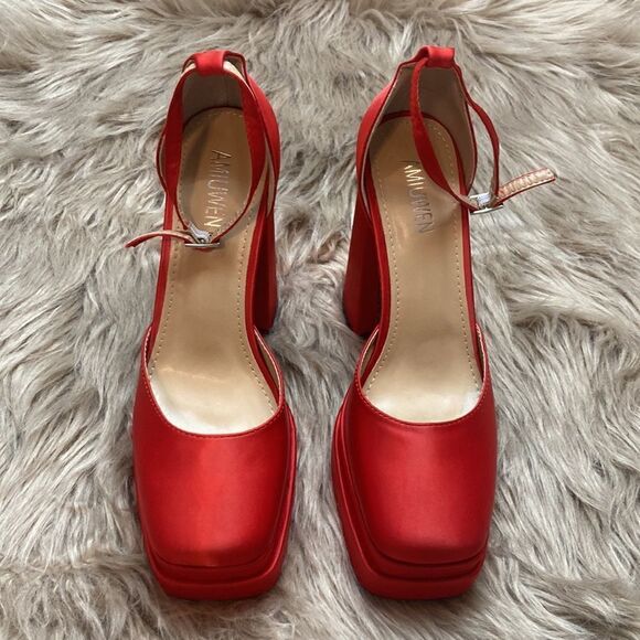 AMIUWEN Red Block Chunk Ankle Strap Platform Heels-closed toe sandal - Picture 3 of 9